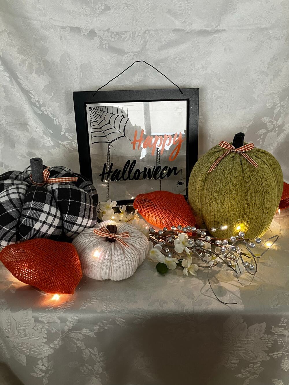 Handmade Halloween Centerpiece Lighted Fabric Pumpkins Modern Farmhouse Decor